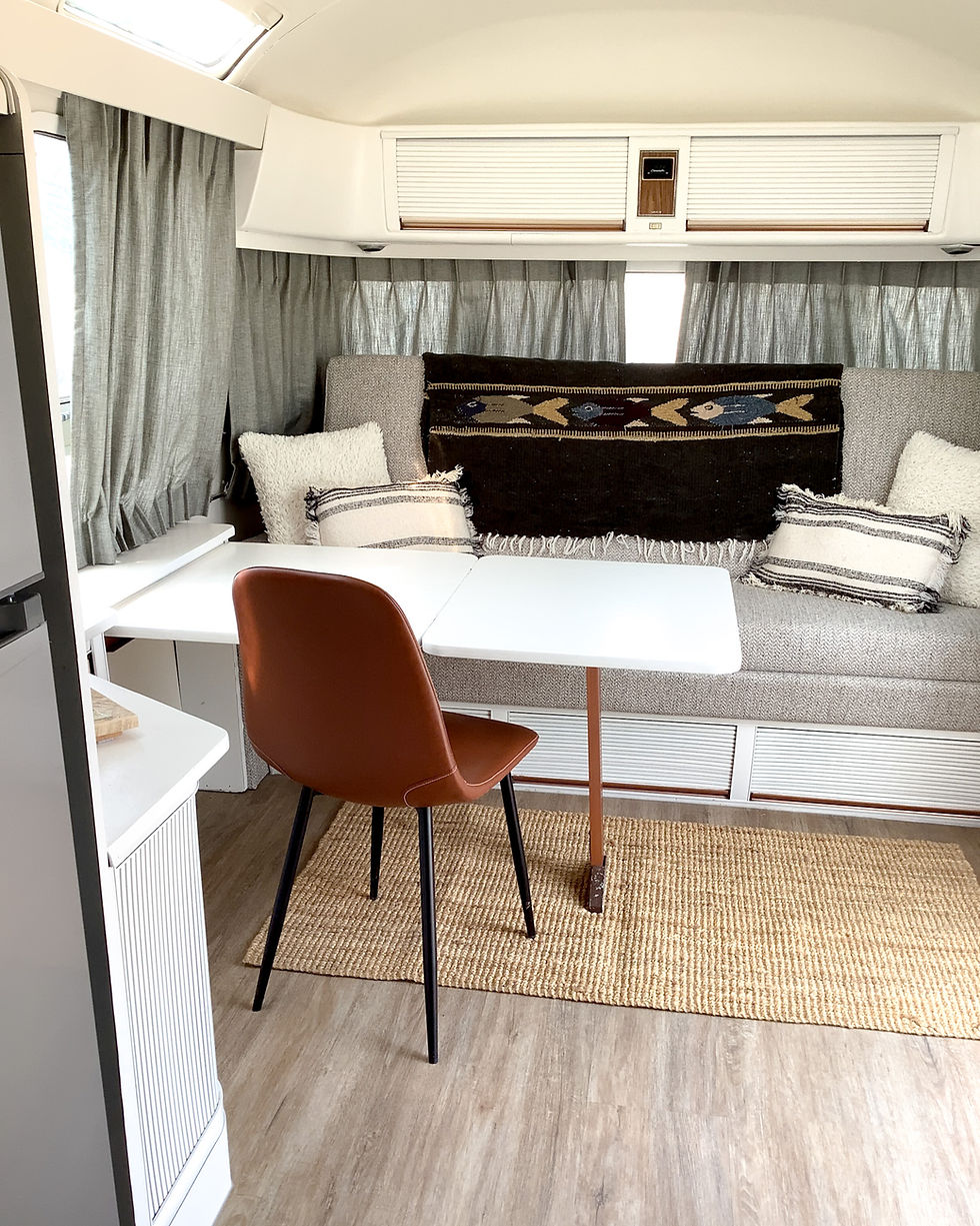 Bright renovated interior of a 1978 Airstream.